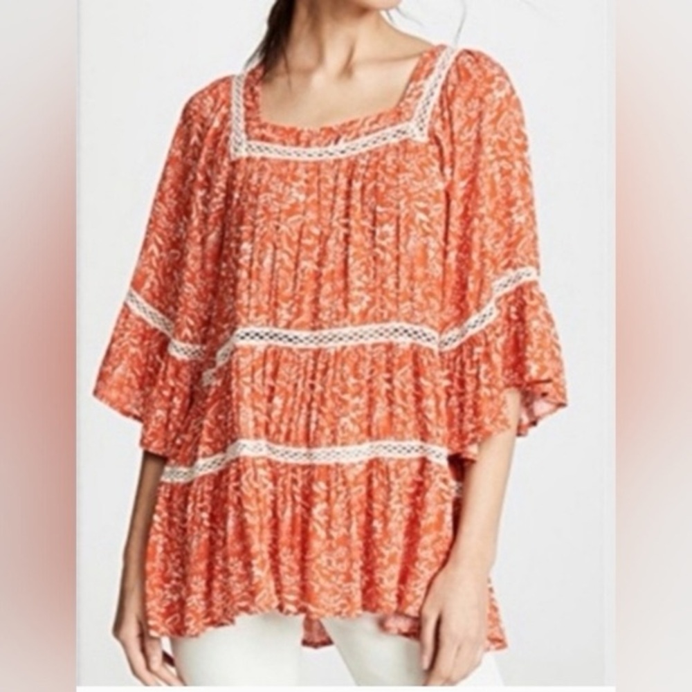 Free People Square Neck Orange Ditsy Floral Blouse with Lace Insets